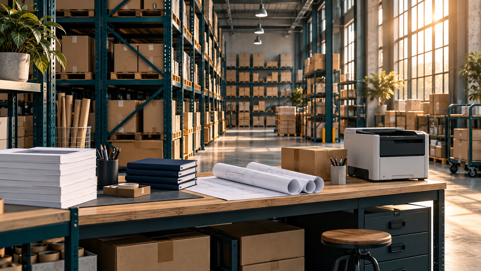 Illustrative modern supply warehouse with neatly organized cartons, stationery and office equipment